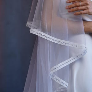 Blusher veil with Pearl Edge, Delicate Charm Full Width Veil, Cathedral Wedding Veil With Velvet Ribbon Edge, Pearl Beaded Bridal Accessory