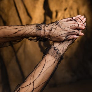 May include: Black, sheer, long gloves with a delicate, web-like pattern. The gloves have a ruffled edge at the wrist. The background is a blurred, dark brown.