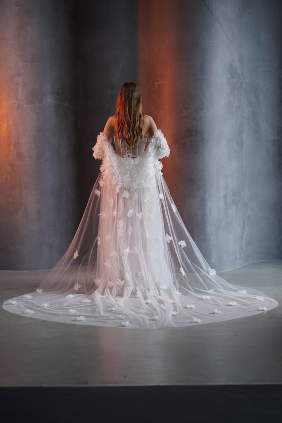 Tulle Wedding Dress With Long Cape Bridal Tulle Cape With Train