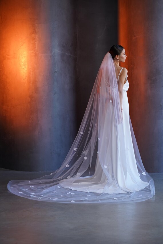 Cathedral Wedding Veil With Floral Appliqués, Extra Long Tulle