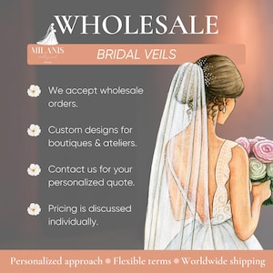 May include: An advertisement for wholesale bridal veils. The image features the text "WHOLESALE BRIDAL VEILS" and details about custom designs and personalized quotes. An illustration of a bride wearing a veil and holding flowers is shown.