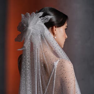 Long Sparkly Wedding Veil with Rhinestones Crystal, Cathedral Bridal Veil with 3D Flower, Soft Sequined Veil, Ivory Bridal Veil Sparkle Trim
