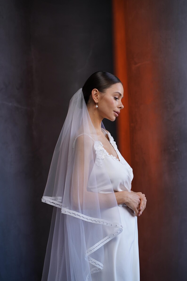 Blusher veil with Pearl Edge, Delicate Charm Full Width Veil, Cathedral Wedding Veil With Velvet Ribbon Edge, Pearl Beaded Bridal Accessory