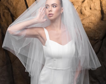 Long Ivory Two Tier Bridal Veil with Soft Tulle Layers and Matching Gloves Included