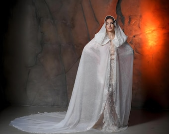Bridal Cape with Hood, Sequin Wedding Cover Up
