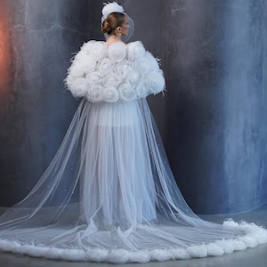 Bridal Cape with Face Veil Handmade from Luxe Italian Tulle with Large Ivory Flowers Unique Wedding Accessory for Modern Bride or Photoshoot