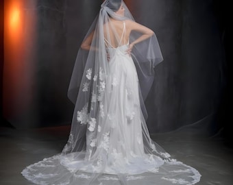 Floral Lace Wedding Veil - Cathedral Length Bridal Veil with Appliqued Flowers