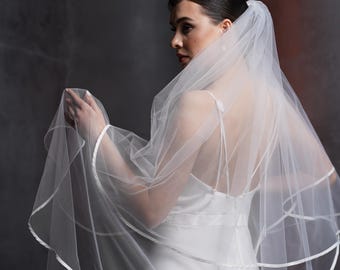 Brautschleier mit Satinbesatz, klassischer Hochzeit Schleier für die Braut, weißer oder elfenbeinfarbener Schleier mit Kante, zweireihiger Schleier für Kleid, mittellanger Tüllschleier
