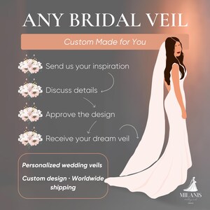 May include: An illustration of a bride wearing a long, flowing white veil. The image includes text that reads "ANY BRIDAL VEIL" and "Custom Made for You." Steps for ordering a custom veil are also shown. The image promotes personalized wedding veils.