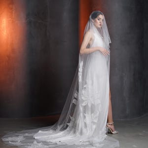 Cathedral wedding veil with floral embroidery and crystals, extra long soft tulle bridal veil with train, elegant accessory for ceremony
