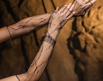 Luvas de malha preta, luvas de tule com padrão transparente para mulheres, luvas longas transparentes para vestidos de noite formais ou góticos