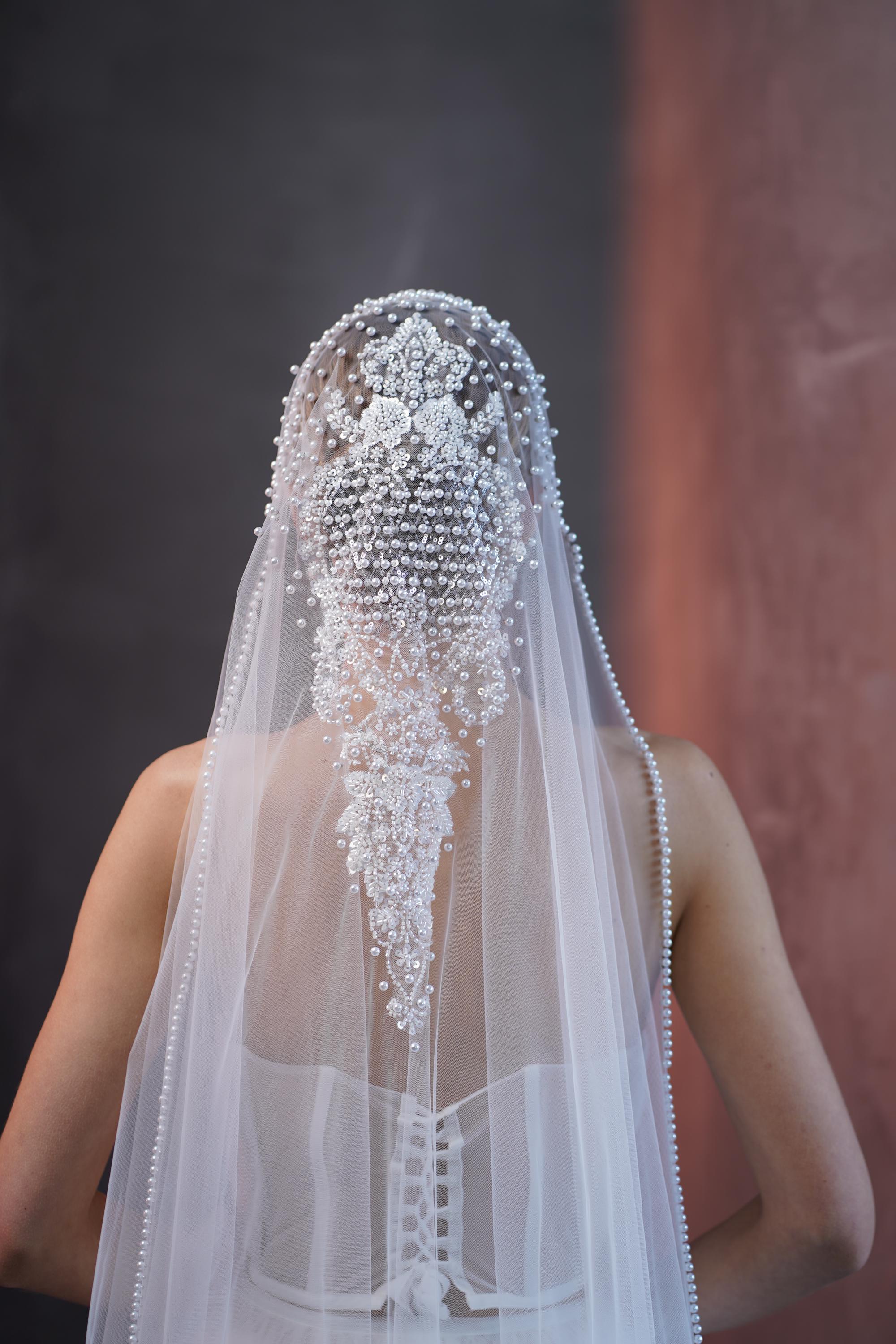 Pearl Wedding Veil, Long Bridal Veil With Pearls, Soft Tulle 