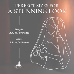 May include: A white line drawing of a bride holding a bouquet, with a veil. The text reads "PERFECT SIZES FOR A STUNNING LOOK." The length and width are 87 inches (2.20 m). The logo for Milanis Wedding looks is at the bottom.