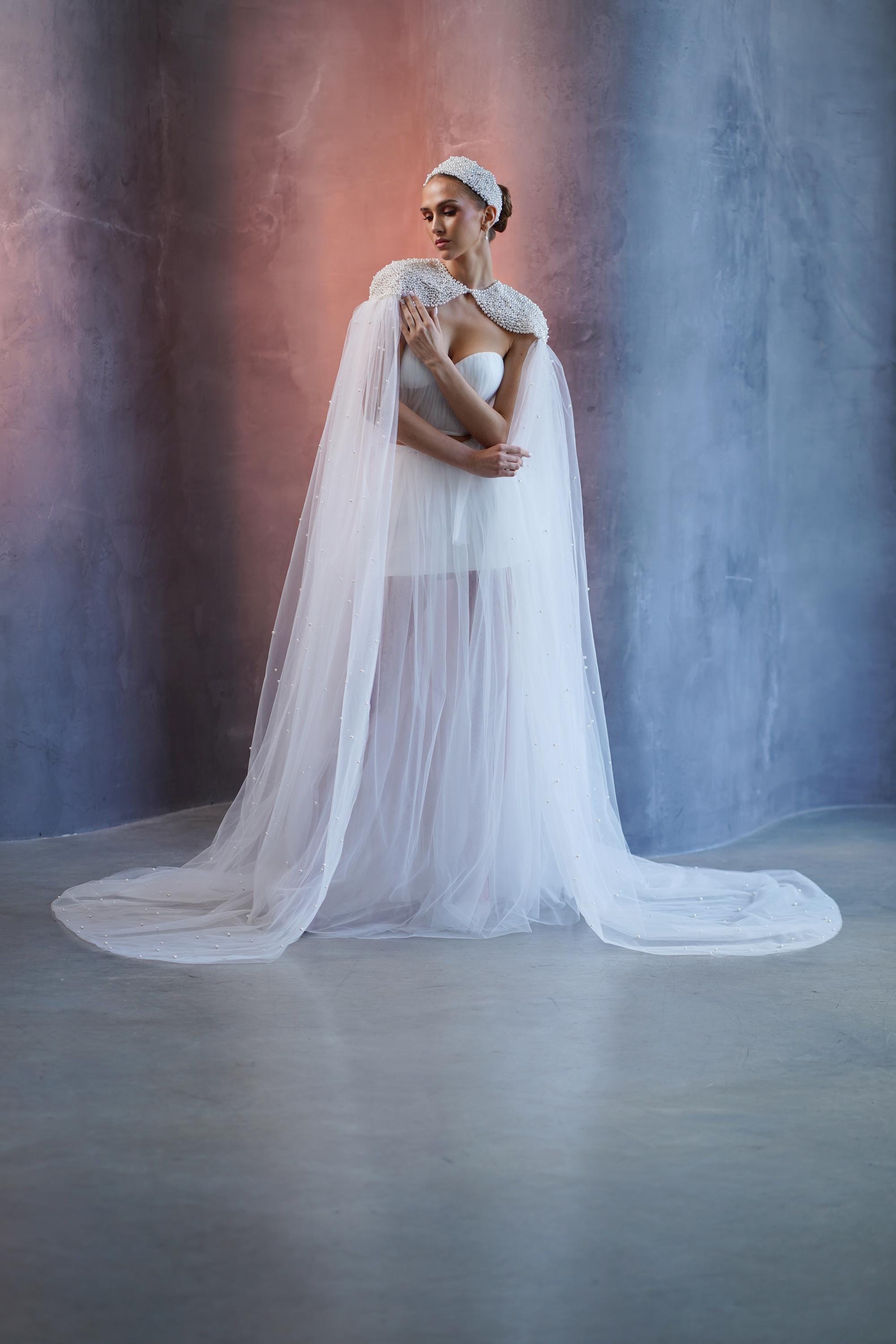 Split Cape Accessory Bridal Cape With Pearls, Sheer Tulle Shoulder Cover Up, Wedding Cape ...