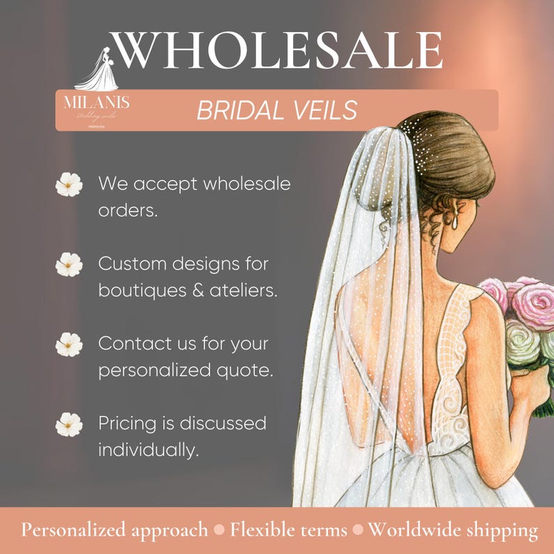 May include: Image promoting wholesale bridal veils. The text reads "WHOLESALE BRIDAL VEILS" with additional text about custom designs and personalized quotes. An illustration of a bride wearing a veil and holding flowers is featured.