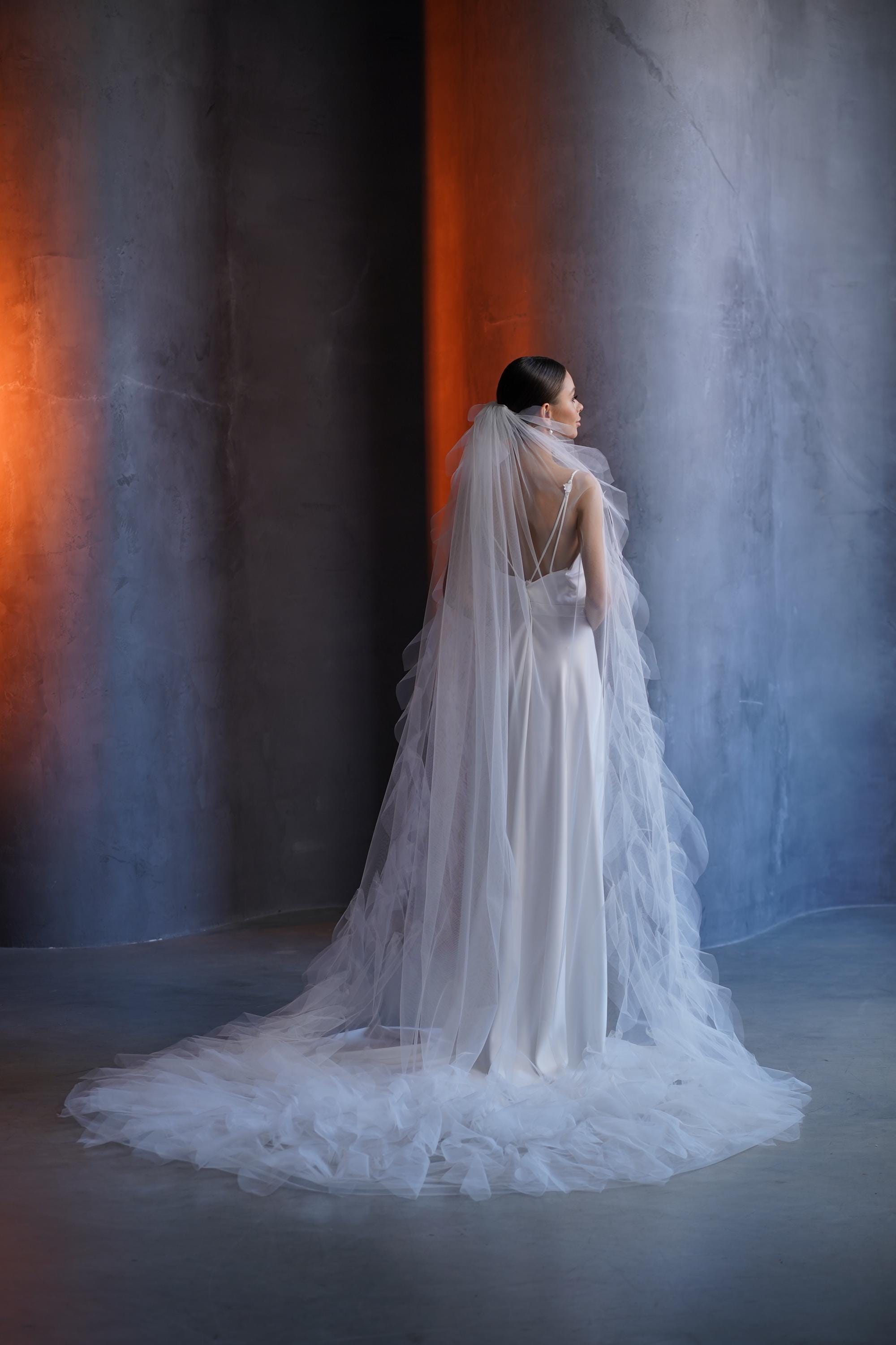 White Cathedral Veil With Ruffled Edge, Layered Tulle Bridal 