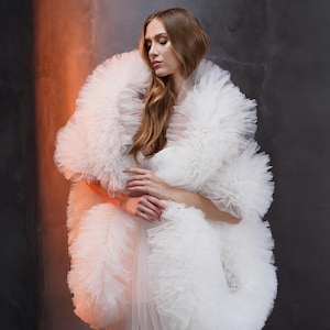 Bridal Ruffle Cape, Fluffy Wedding Shawl Alternative to Veil, White Tulle Wrap for Bride, Dramatic Oversized Shoulder Cover