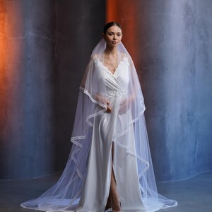 Blusher veil with Pearl Edge, Delicate Charm Full Width Veil, Cathedral Wedding Veil With Velvet Ribbon Edge, Pearl Beaded Bridal Accessory