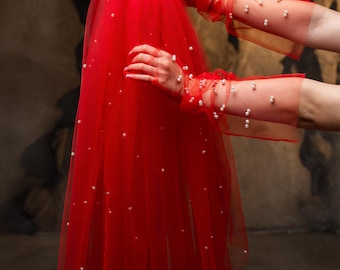 Short Red Pearl Veil, Bridal Veil with Matching Gloves, Elegant Wedding Accessory for Bride