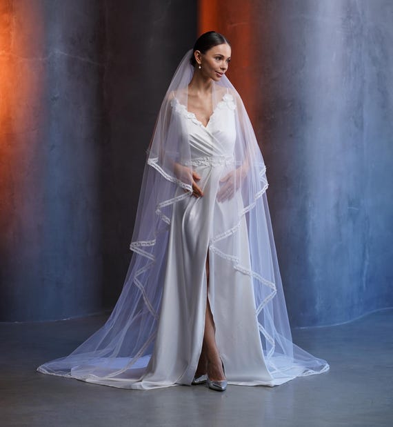 Ivory Two Tier Wedding Veil, Luxe Italian Tulle Chapel Veil with Velvet Ribbon