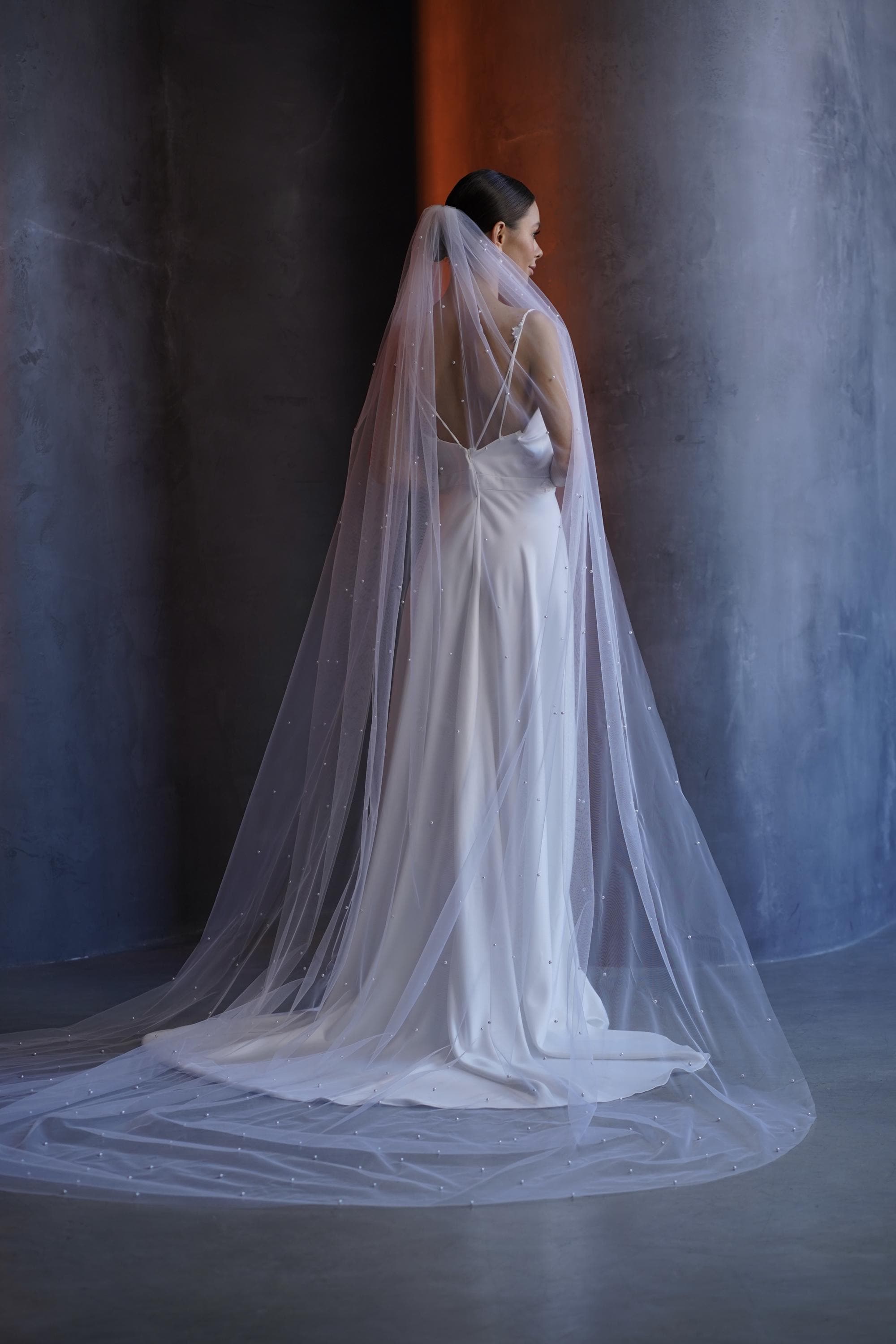 Simple Long White Wedding Veil With Pearls for Walk Down the Aisle