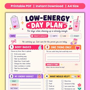 Puede incluir: Una hoja de trabajo imprimible en tamaño A4 de Low-Energy Day Plan con un icono de batería, una bebida y un calcetín. El texto incluye secciones para Body Basics, One Thing Only, My Energy Budget y What Would Help, con casillas y líneas.