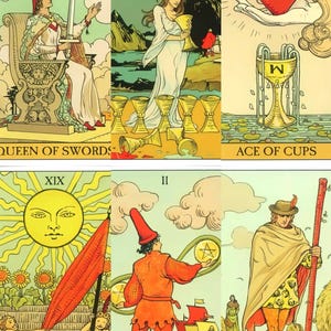 May include: A collection of tarot cards featuring illustrations with vibrant colors. The cards depict figures, symbols, and text, including "Queen of Swords," "Ace of Cups," "The Sun," and "Page of Wands." The artwork has a vintage style.