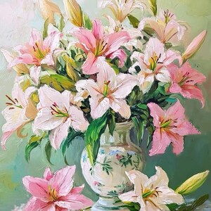 Pink and White Lily Bouquet Art Print: Elegant Floral Oil Painting (Digital Download