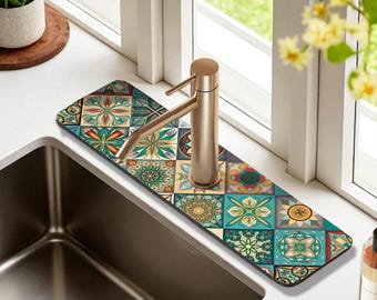 Personalized Bohemian Kitchen Sink Faucet Mat,Faucet Handle Drip Catcher Mat,Faucet Sink Mat,Faucet Drip Mat For Kitchen Bathroom RV