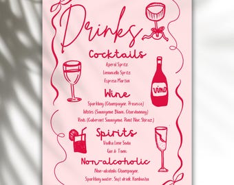 Puede incluir: Menú de bebidas rosa con texto e ilustraciones manuscritos en rojo. El menú enumera cócteles, vinos, licores y bebidas sin alcohol. Incluye Aperol Spritz, vino espumoso, Vodka Lime Soda, etc. Se ven remolinos decorativos y una sombra de hojas.