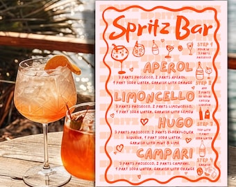 May include: A refreshing Spritz Bar sign with cocktail recipes, including Aperol, Limoncello, Hugo, and Campari. Two glasses of cocktails with orange slices are in the foreground. The sign is peach-colored with orange text.