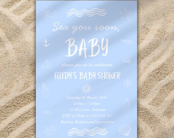 Zaproszenie na baby shower z motywem Sea You Soon | Motyw nadmorski | Ocean Baby | Edytowalny szablon bez podziału na płeć