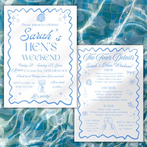 May include: Two light blue invitation cards with white text and a wavy border. The cards announce "Sarah's Hen's Weekend" with event details, including dates, location, and RSVP information. The background is a blue water pattern.