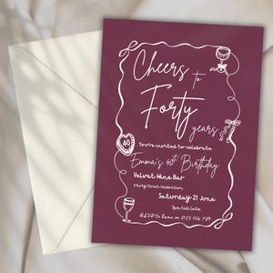 May include: A burgundy birthday invitation with white script that reads "Cheers to Forty years." The invitation includes the text "Emma's 40th Birthday" and event details. An off-white envelope is visible in the background.