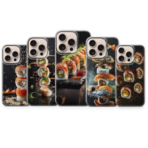 May include: Five phone cases featuring sushi roll designs. The cases display various sushi arrangements with salmon, avocado, and other ingredients. The backgrounds are dark, highlighting the colorful sushi.