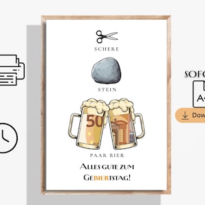 Regalo de cumpleaños "Piedra, Tijeras y Cerveza" - Plantilla imprimible de tarjeta de regalo de cerveza divertida A4 | Descarga digital instantánea