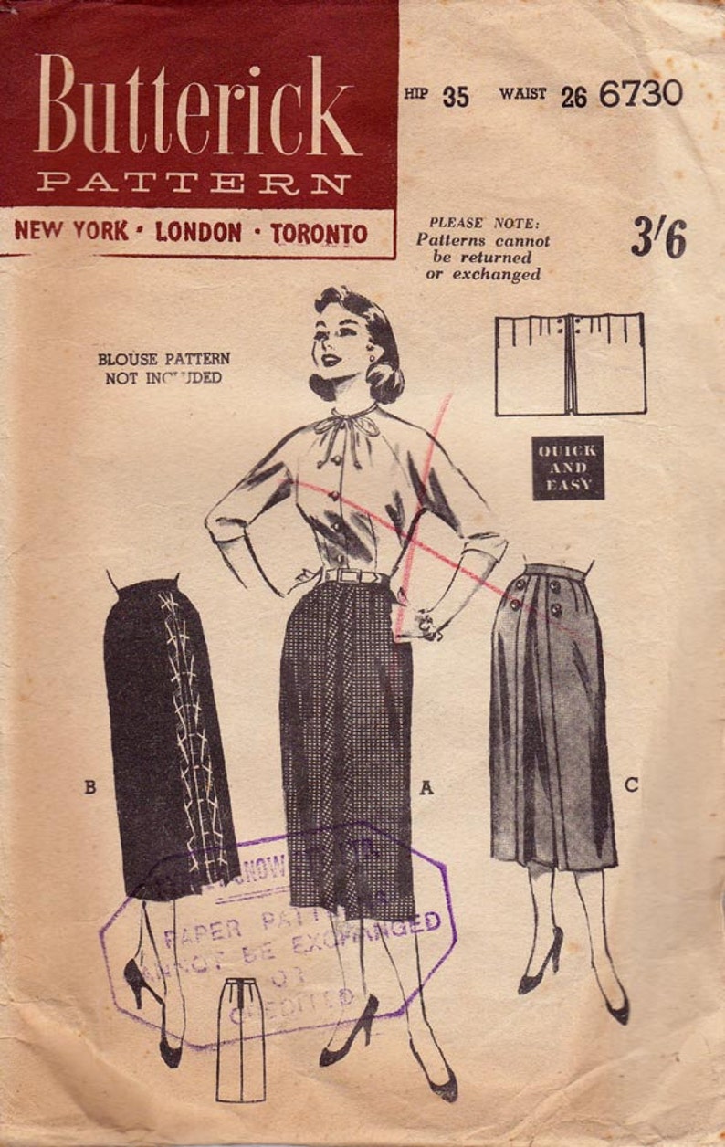 50s Vintage Pencil Skirt Pattern Butterick 6730 Wiggle skirt straight skirt Waist 26 inches image 2
