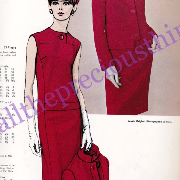 60s LANVIN Mod Evening Dress & Jacket Pattern Vogue Paris Original Pattern 1749  Vintage Paper Pattern Size 12 Bust 32 inches