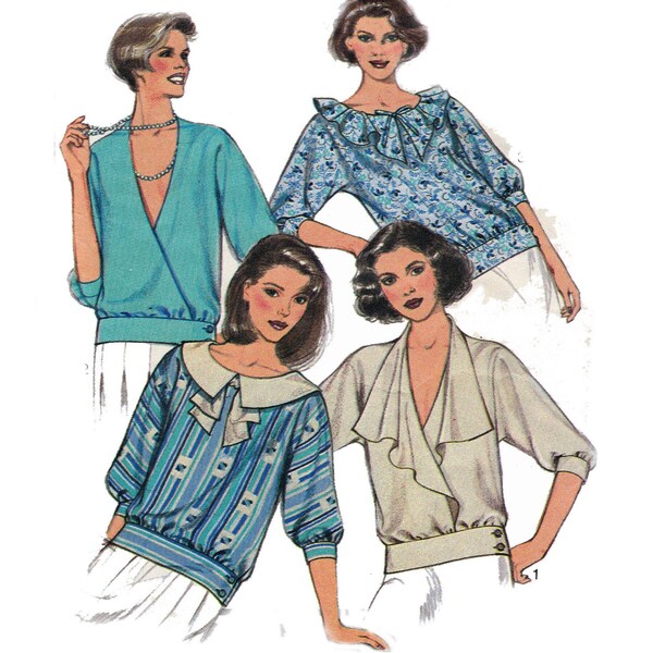 80s Wrap Blouses Ruffle Collar Drop Waist Crossover Front Sewing pattern Style 4294 Vintage Pattern Size 10 12 14 Bust 32 1/2, 34 36 inches
