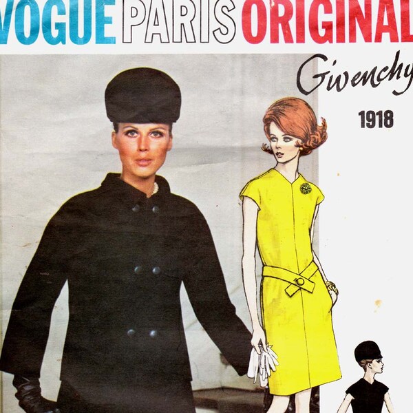 Sz 12 60s Vintage Vogue Paris Original Pattern 1918 Givenchy Mod Coat & Dress Bust 34 UNCUT FF