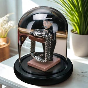 May include: A silver watch with a brown leather strap is displayed under a glass dome. A small figurine of a man in a black suit and hat is standing next to the watch.