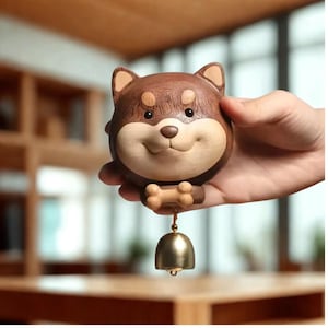 May include: A wooden dog-shaped wind chime with a smiling face, holding a bone, and a small brass bell. The dog is brown and tan, with a smooth finish. The bell hangs from a gold-colored chain.