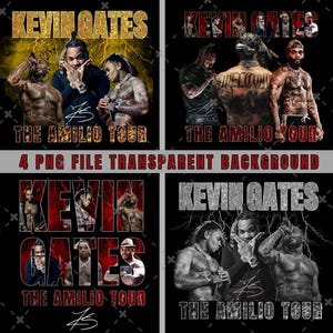May include: Four digital designs featuring Kevin Gates, with text reading "KEVIN GATES" and "THE AMILIO TOUR." The designs showcase images of the artist in various poses, with lightning bolt graphics. The text "4 PNG FILE TRANSPARENT BACKGROUND" is also visible.