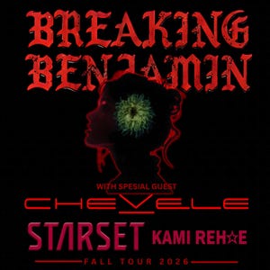 May include: Black concert poster with red text. The words "BREAKING BENJAMIN" are at the top. Below is a silhouette of a person's head with a flower in the brain. The poster also lists "CHEVELLE", "STARSET", and "KAMI REH☆E". "FALL TOUR 2026" is at the bottom.