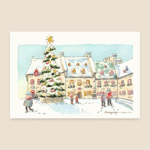 以下が含まれることがあります： 雪景色を描いた水彩画。 飾られたクリスマスツリーと雪に覆われた屋根の建物があります。 何人かの人々が雪の中を歩いています。 絵は暖かく、人を招き入れるような雰囲気です。