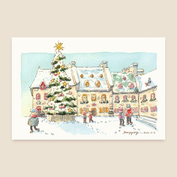 Xmas Watercolor Postcard: Snowy Scene in Quebec City