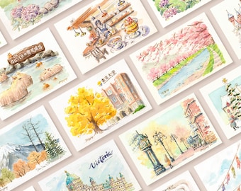 Stelle Dir Dein eigenes Set aus 5 Reise-Aquarell-Postkartendrucken zusammen
