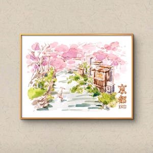 Japan akvarell giclée-konsttryck - Sakura i Kyoto, 20x15 cm poster på riktigt akvarellpapper