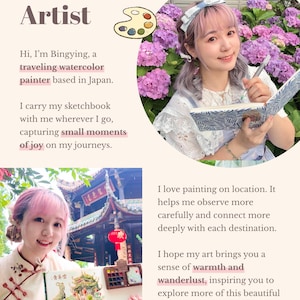 以下が含まれることがあります： 日本の水彩画家、Bingyingの画像。「Meet the Artist」と書かれたテキスト。Bingyingはスケッチブックと絵画を持ち、花や建築物に囲まれています。この画像は暖かさと旅への憧れを伝えています。