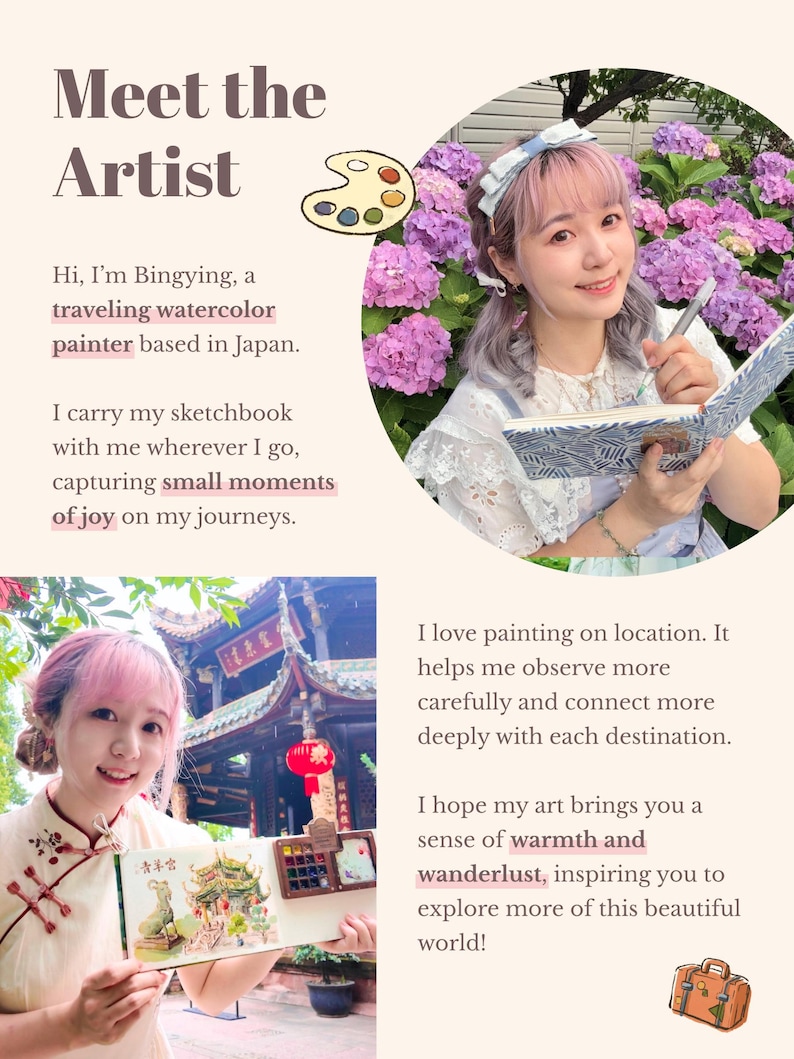 以下が含まれることがあります： 日本の水彩画家、Bingyingの画像。「Meet the Artist」と書かれたテキスト。Bingyingはスケッチブックと絵画を持ち、花や建築物に囲まれています。この画像は暖かさと旅への憧れを伝えています。